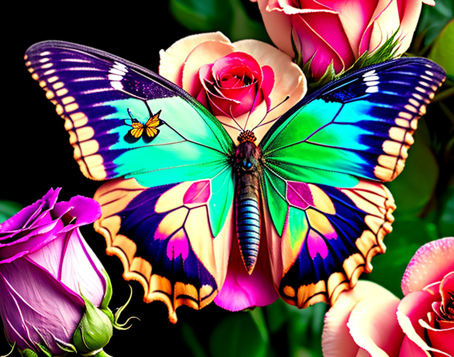 Colorful Butterfly on Pink Roses Against Dark Background
