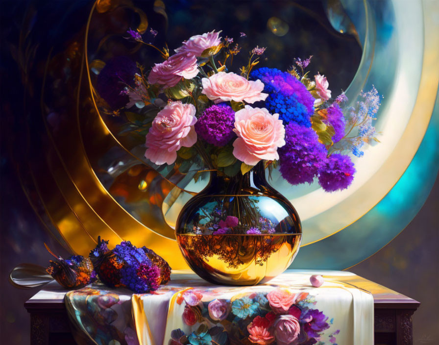 Vibrant bouquet of flowers in round glass vase with cosmic backdrop and draped cloth.