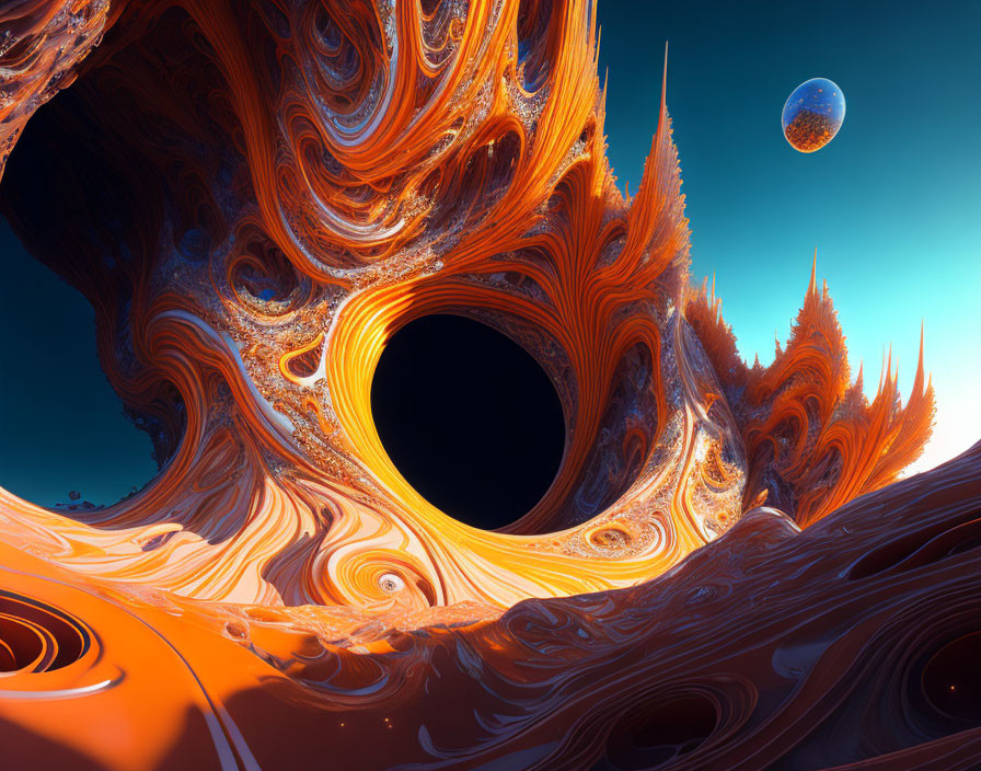 Colorful Fractal Landscape with Swirling Patterns and Distant Planet