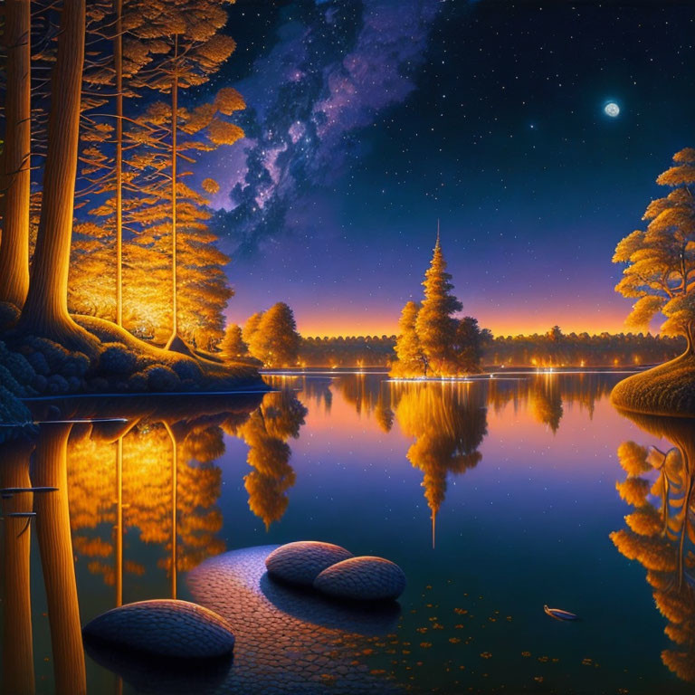 Tranquil night landscape with starry sky reflected in lake, golden trees, and stepping stones