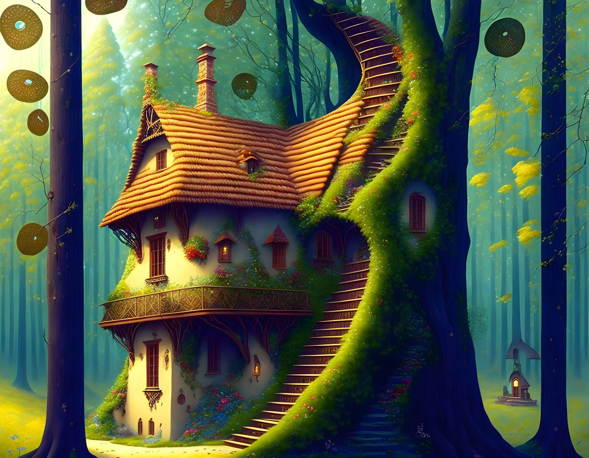 Enchanted forest treehouse with thatched roof and floating lanterns