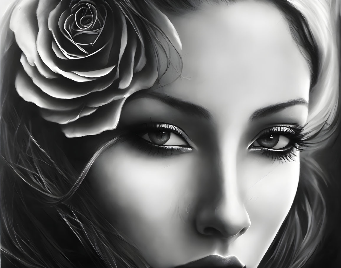 Detailed grayscale portrait of a woman with captivating eyes and a rose in her hair.