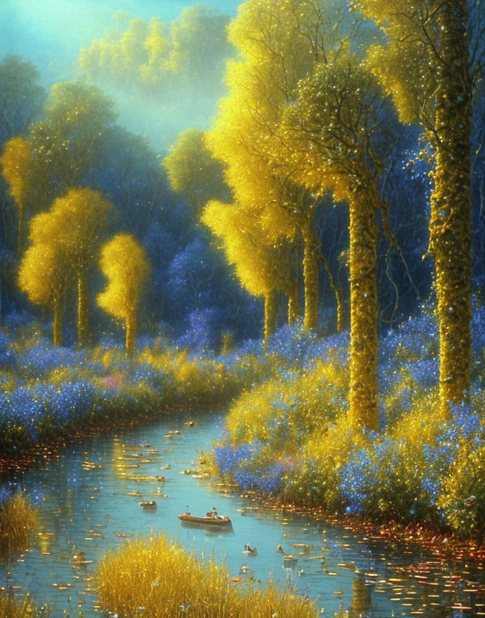 Golden yellow trees, blue wildflowers, serene river with ducks and boat