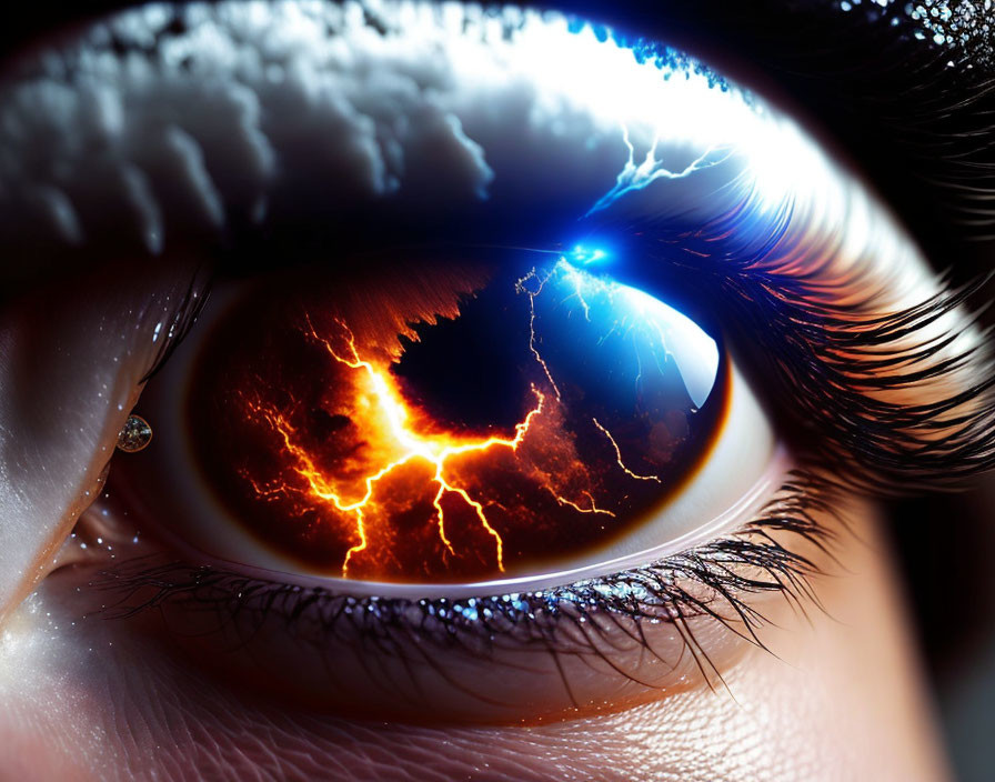 Fiery storm reflection in eye with lightning.