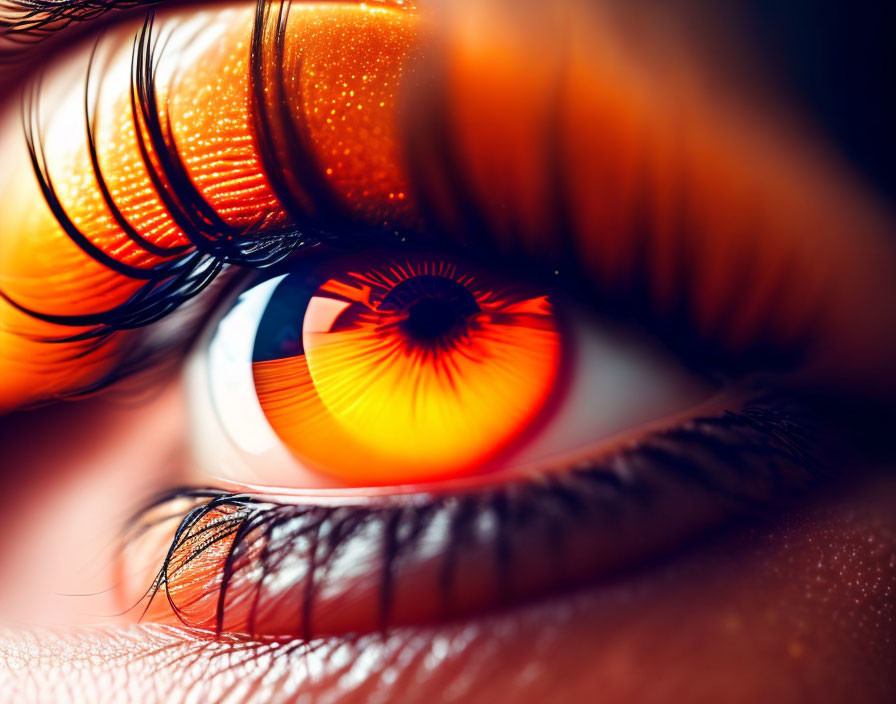 Detailed close-up of human eye with fiery orange iris and dramatic eyelashes