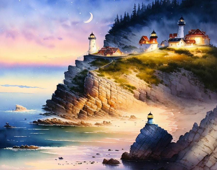 Coastal dusk painting with lighthouse, buildings, crescent moon