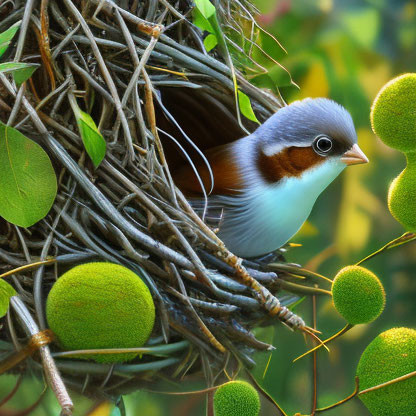 Colorful Bird with White and Brown Head in Nest Among Green Foliage