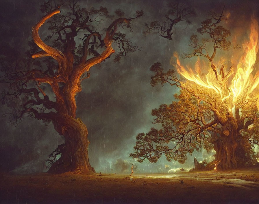 Enormous fiery trees illuminate mystical forest scene