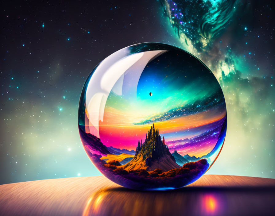 Crystal ball showcasing sunset, northern lights, stars on wooden surface