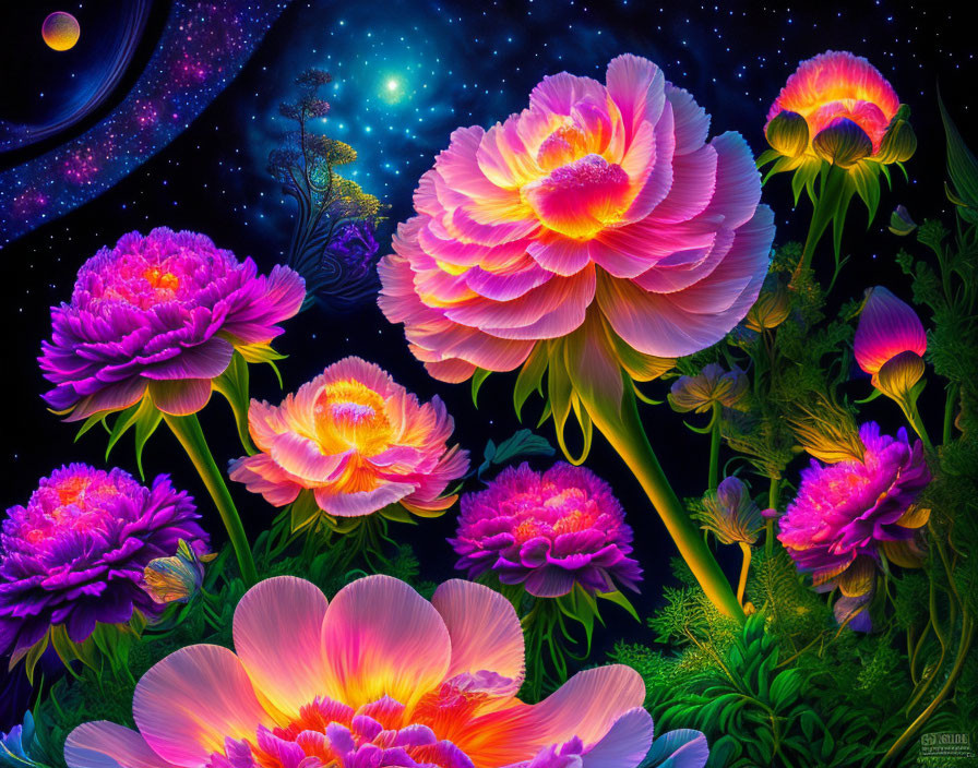 Colorful Pink and Purple Flowers on Dark Starry Background with Planet