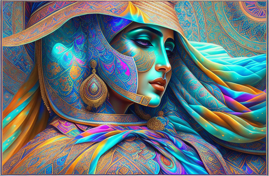 Colorful digital artwork of a woman in intricate garments with blues, purples, and golden hues
