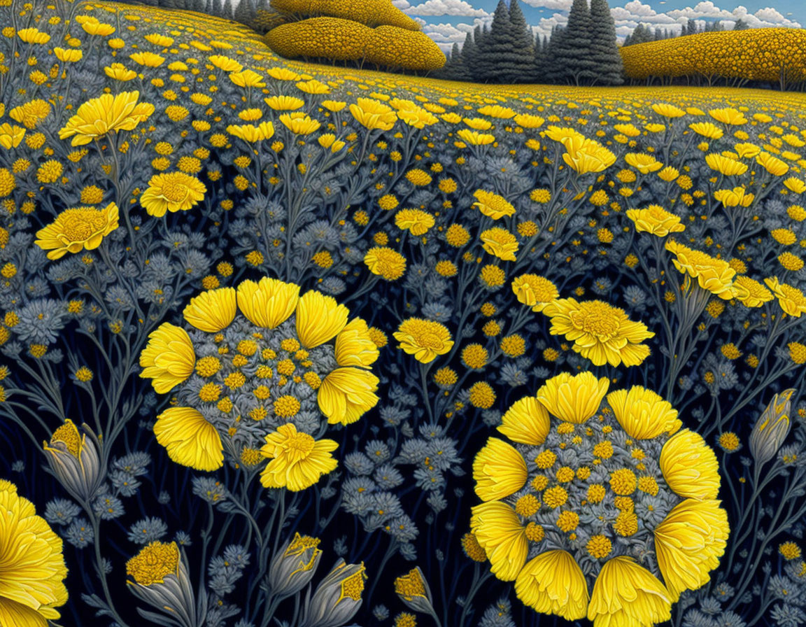 Yellow Flowers and Rolling Hills Under Hazy Sky