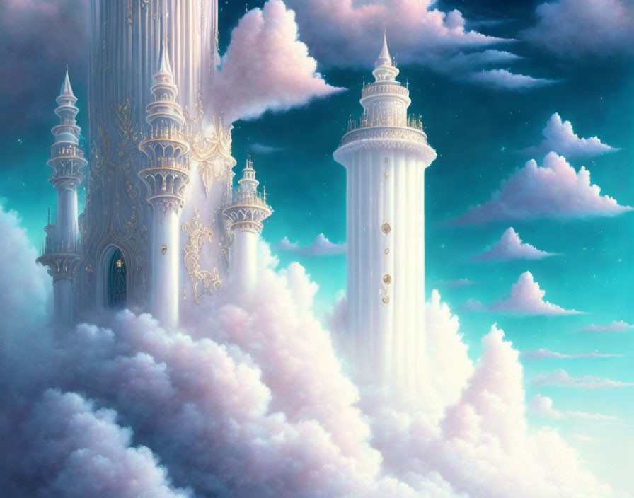 Fantastical castle with ornate towers in pink clouds
