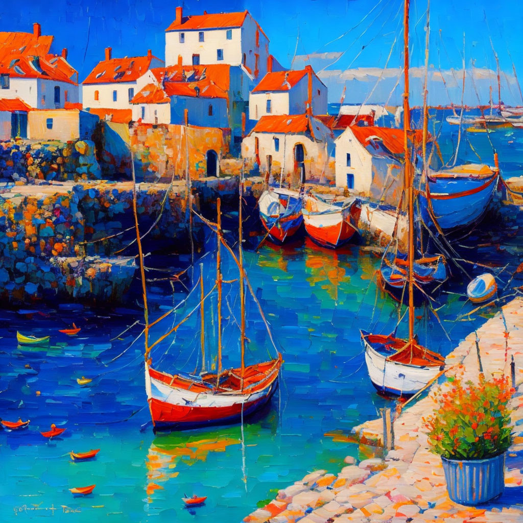 Colorful Coastal Scene with Boats and Traditional Houses by Stone Quays