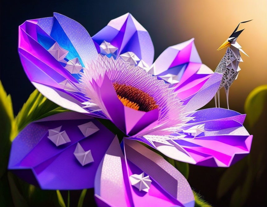 Geometric purple flower with paper crane on petal in digital art