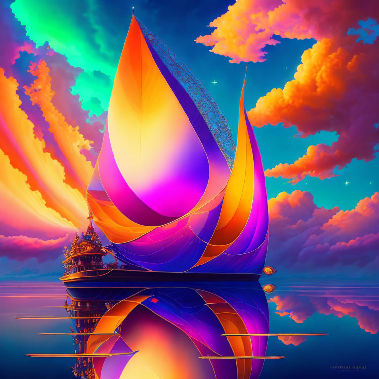 Colorful sailboat on calm water under multicolored sky