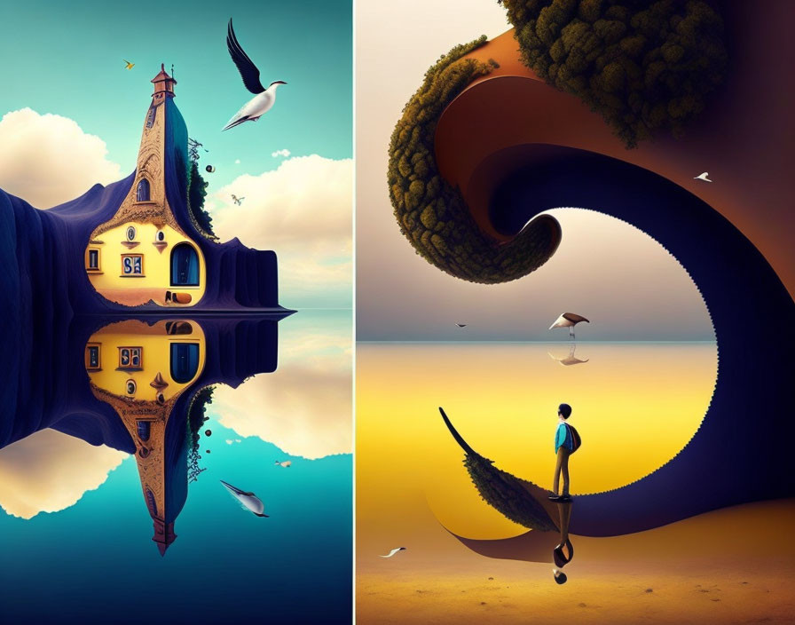 Mirrored fantasy scene with house, boat, and flying birds