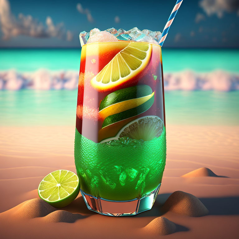 Vibrant cocktail with lemon slice and straw on beach with turquoise sea and sky