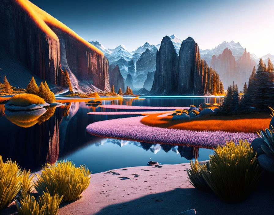 Tranquil sunrise over reflective lake and majestic cliffs