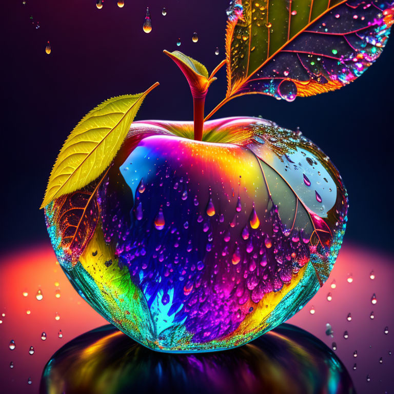 Colorful Water-Droplet Apple Against Dramatic Background