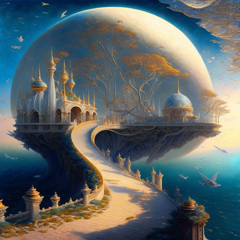 Floating city under massive moon with ornate buildings, winding path, birds, trees in dreamlike ambiance