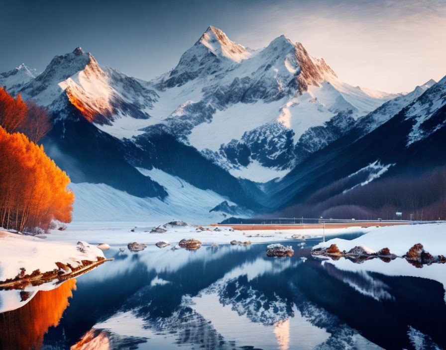 Scenic snow-covered mountains, lake, autumn trees, and bridge at sunrise or sunset