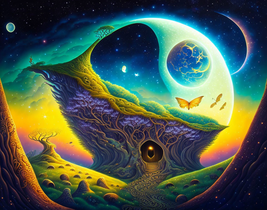 Surreal landscape with crescent moon, tree, butterfly, and fantastical elements