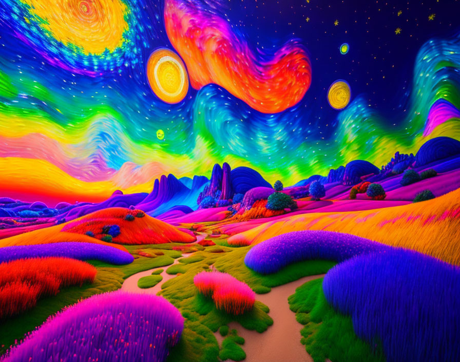 Surreal landscape with swirling skies and colorful hills