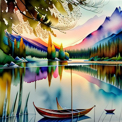 Scenic painting of serene lake, boat, colorful sunset, and mountain reflections