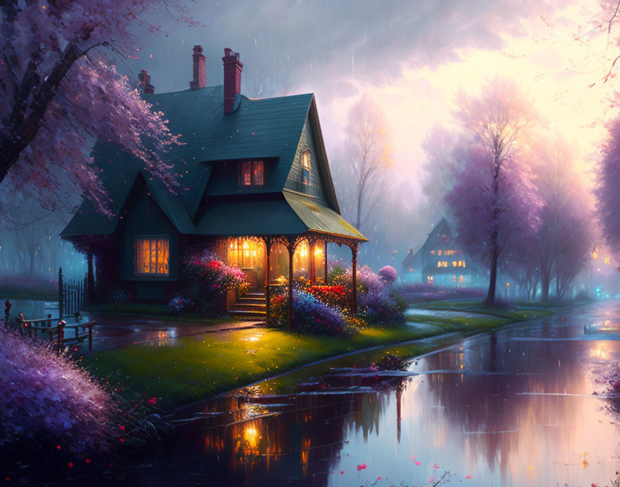 Rainy Twilight Scene: Cottage Surrounded by Blooming Flowers and Trees