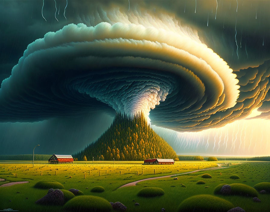 Surreal landscape with giant mushroom cloud over hill, houses, fields, lightning, and rain under