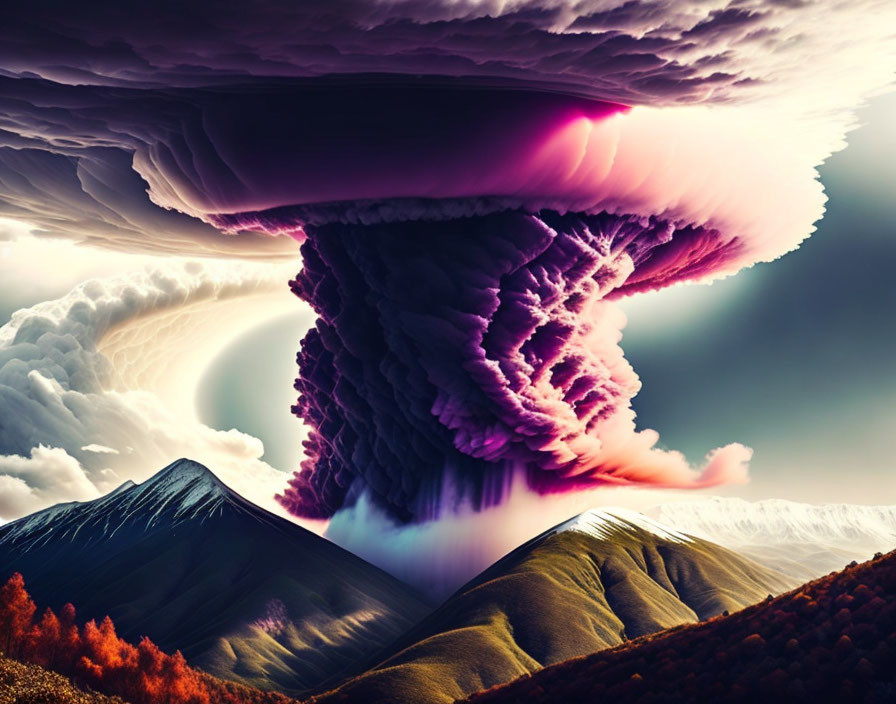 Vibrant hills beneath massive mushroom cloud in surreal sky