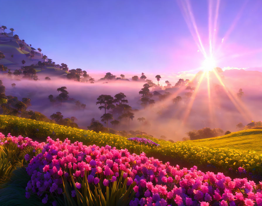 Scenic sunrise over misty landscape with hills, greenery, and flowers