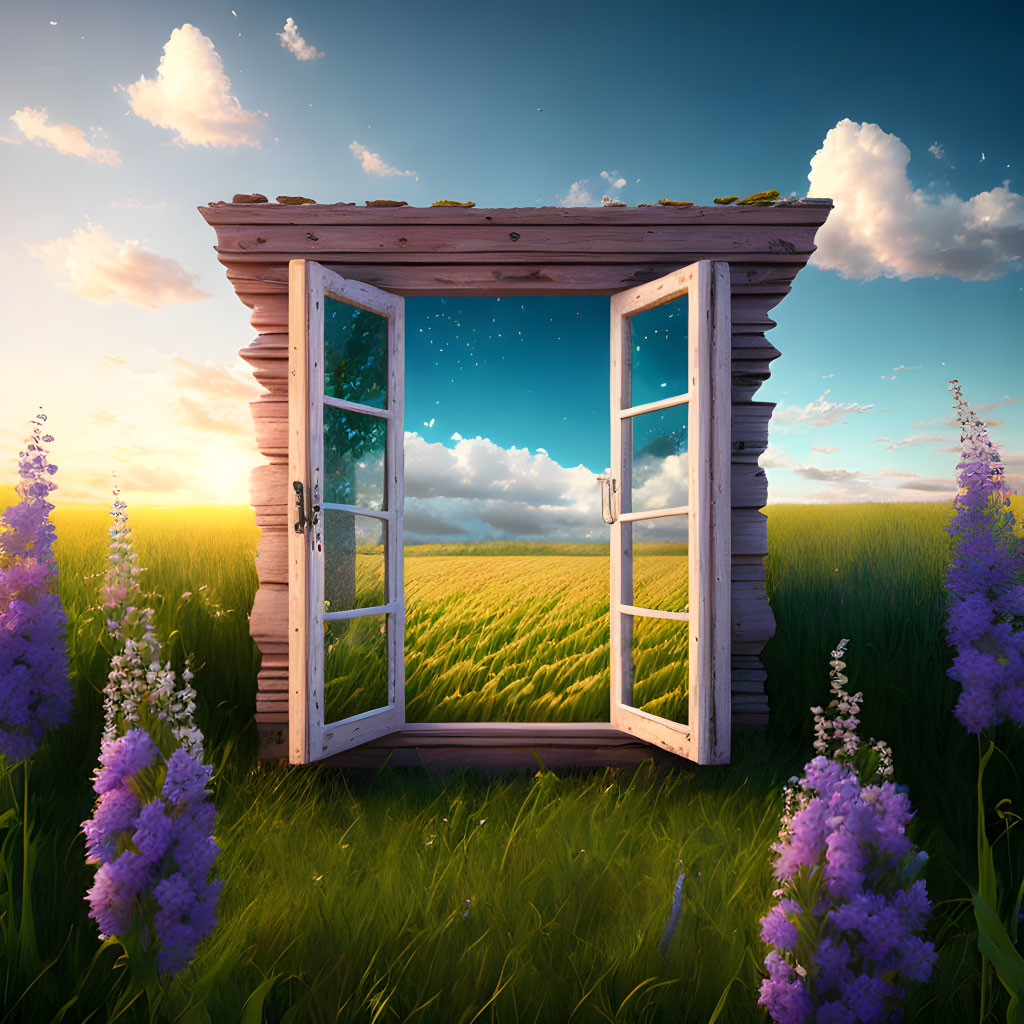 Surreal wooden window in field with purple flowers and starry night sky.