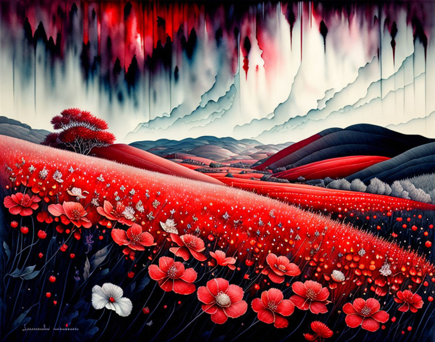 Stylized landscape with red hills, white flowers, lone tree, red and black sky