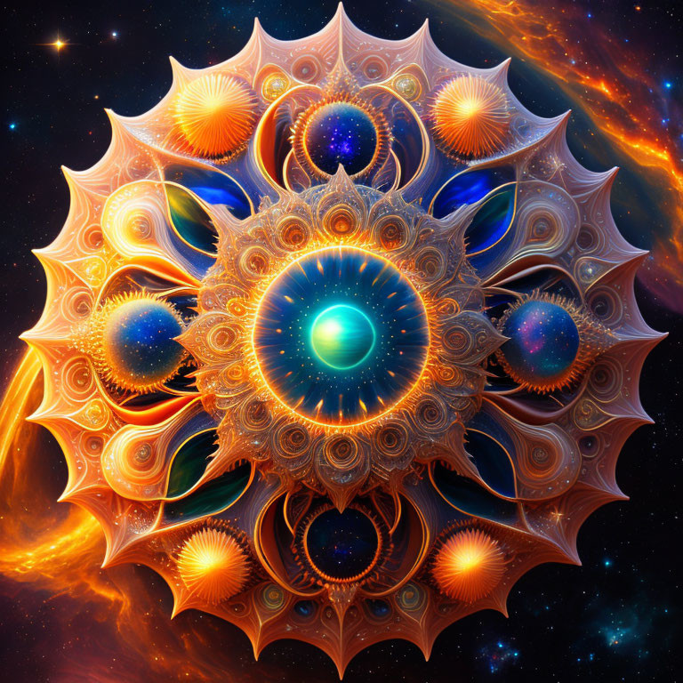 Colorful Cosmic Mandala with Luminous Eye and Fractal Patterns