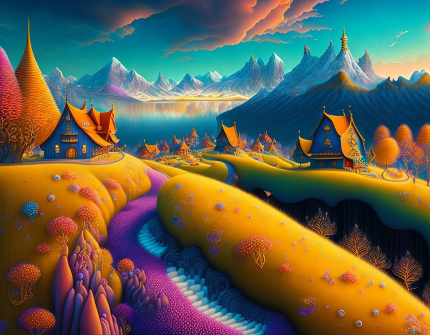 Colorful fantasy landscape with whimsical houses and snowy mountains