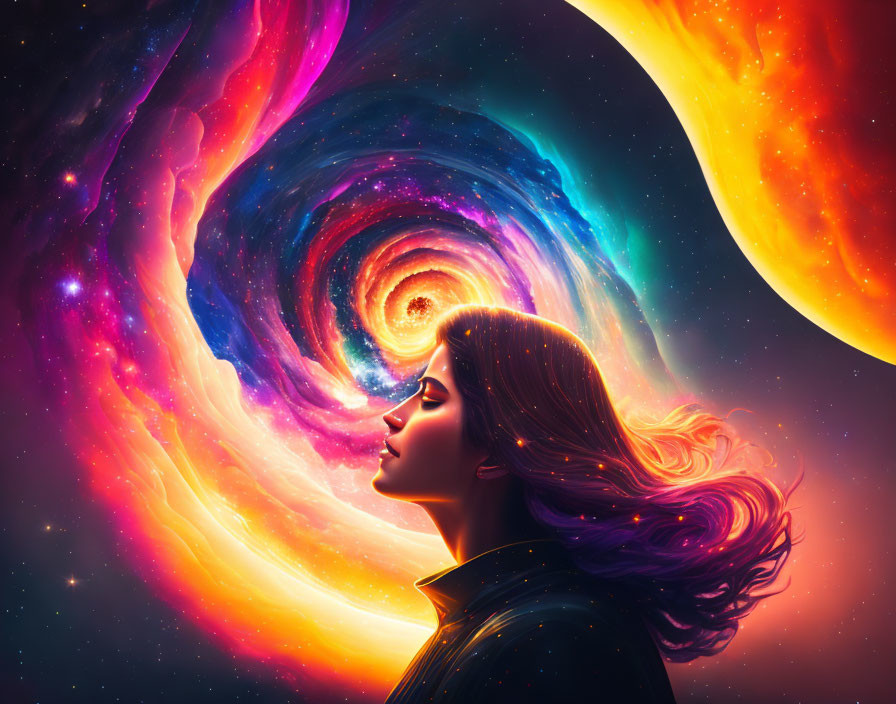 Silhouette of Woman Merged with Vibrant Cosmic Vortex