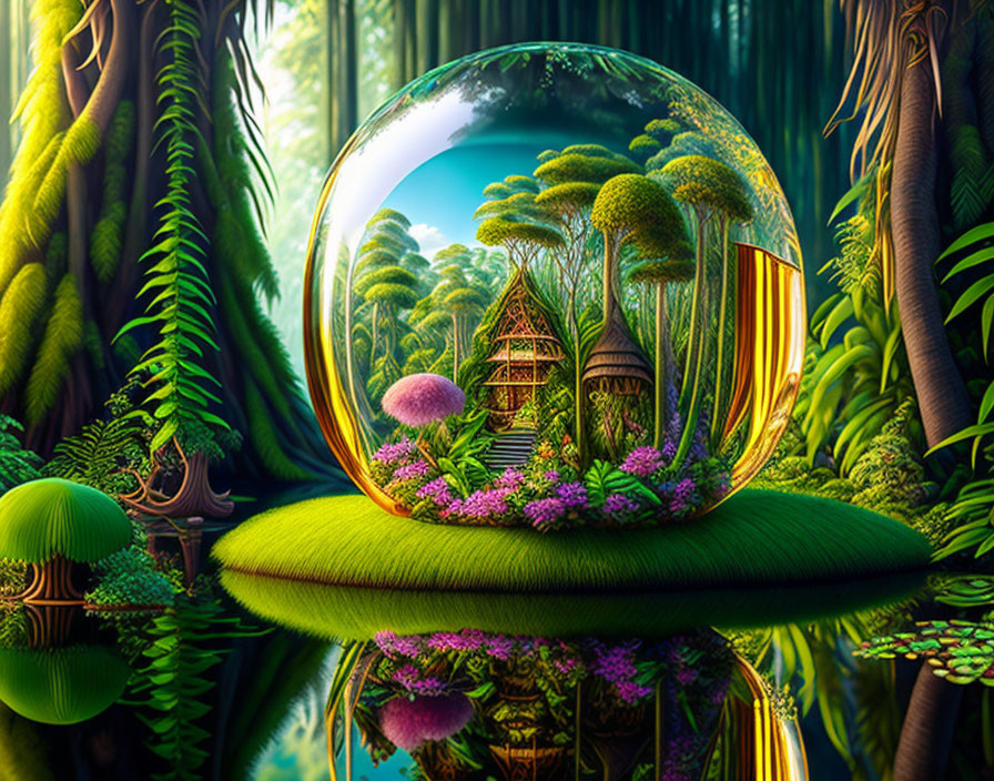 Fantasy forest scene with crystal ball, miniature house, oversized flora, and reflective water.