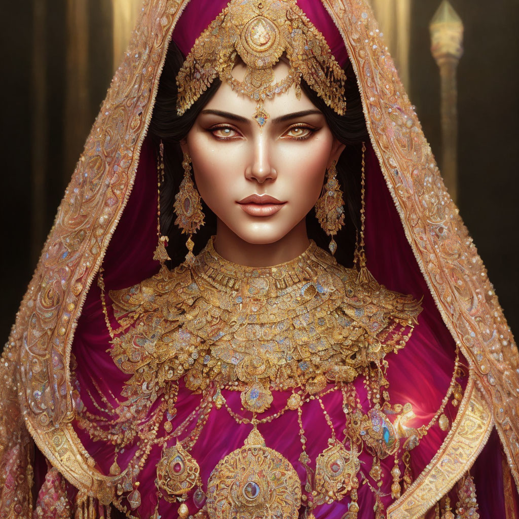 Illustrated woman in traditional attire with gold jewelry and vibrant pink veil against dark background
