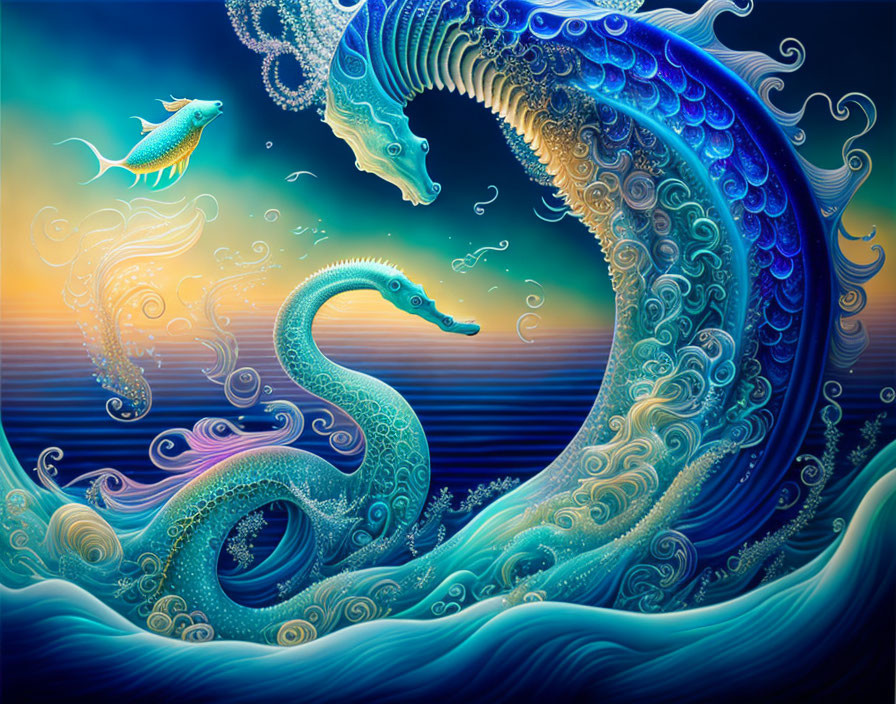 Colorful stylized sea illustration with ornate wave, serpent creature, and whimsical fish.