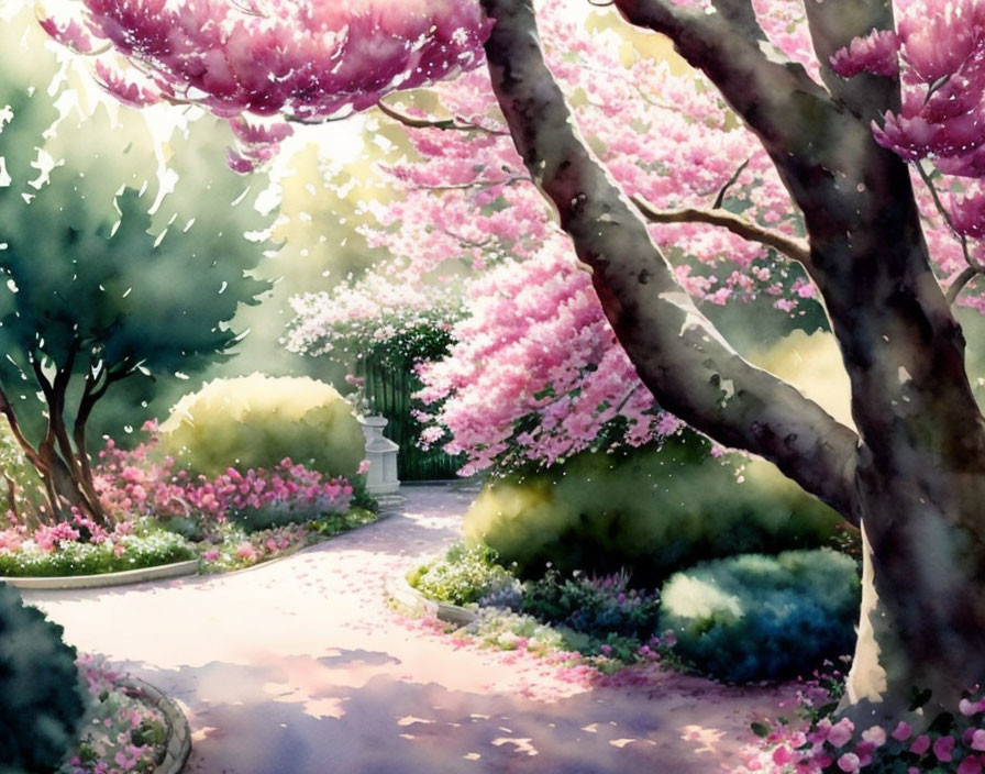 Tranquil Park with Cherry Blossoms and Greenery