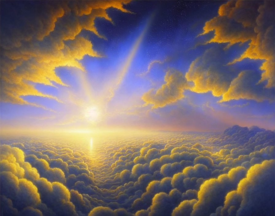 Scenic sunrise or sunset over fluffy clouds with starry sky and radiant beam.