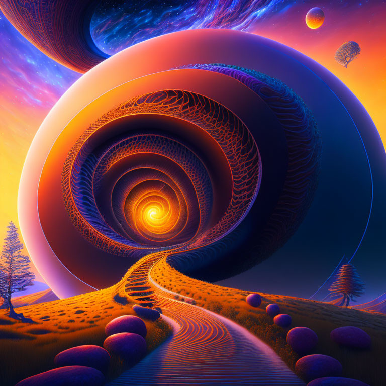 Surreal landscape with spiral pathway, cosmic swirls, orbs, trees, and twilight sky