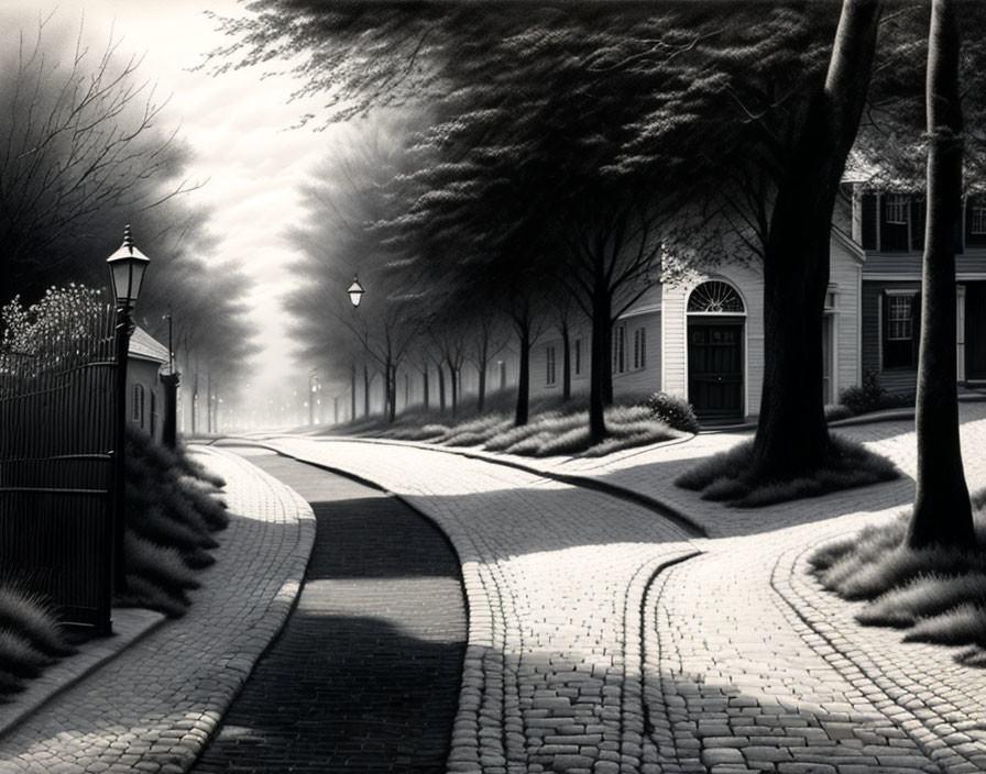 Peaceful Twilight Street Scene with Cobblestone Paths and Lanterns