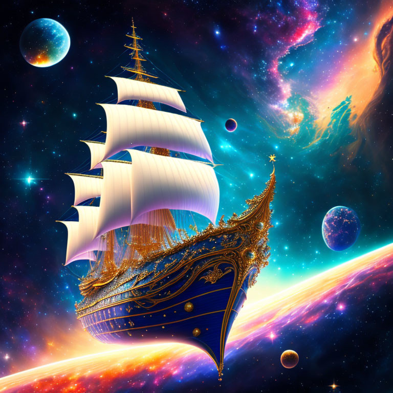 Golden-trimmed sailing ship in cosmic scene with nebulas, stars, and planets