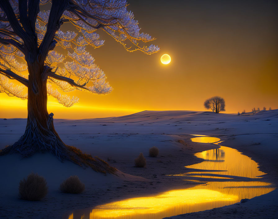 Tranquil winter landscape with frosted tree, golden sunset, snowy terrain, and solitary tree