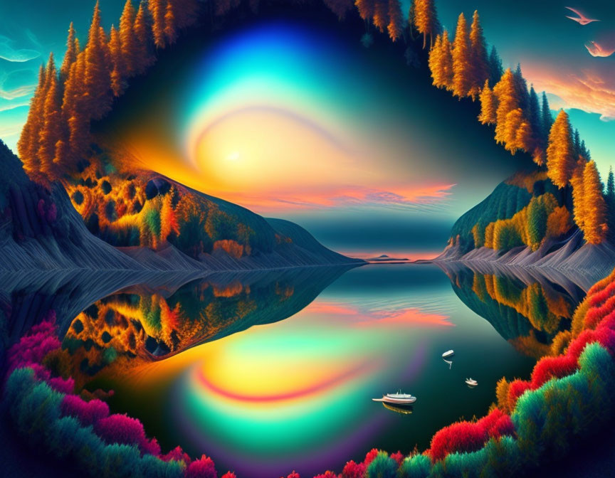 Colorful surreal landscape with mirrored water, trees, mountains, and vibrant sunset hues. Peaceful boat