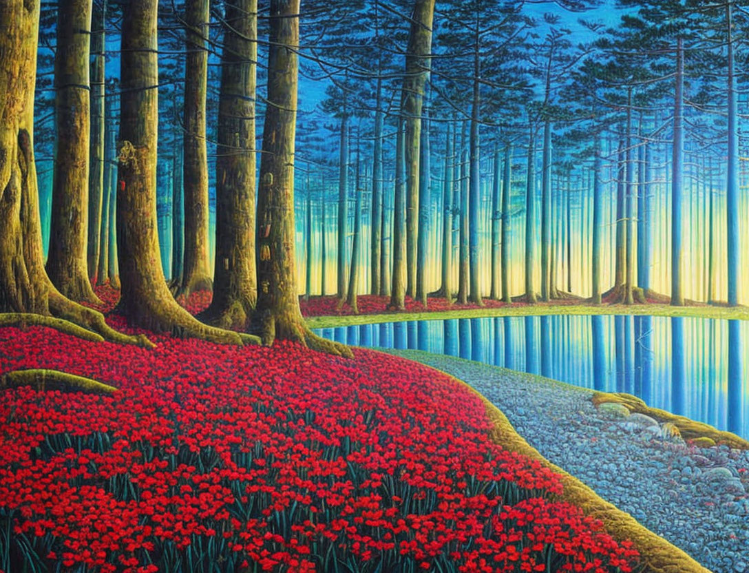 Lush Forest Painting with Red Flowers and Blue River