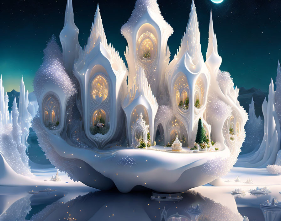 Fantasy Ice Palace in Snowy Landscape at Night